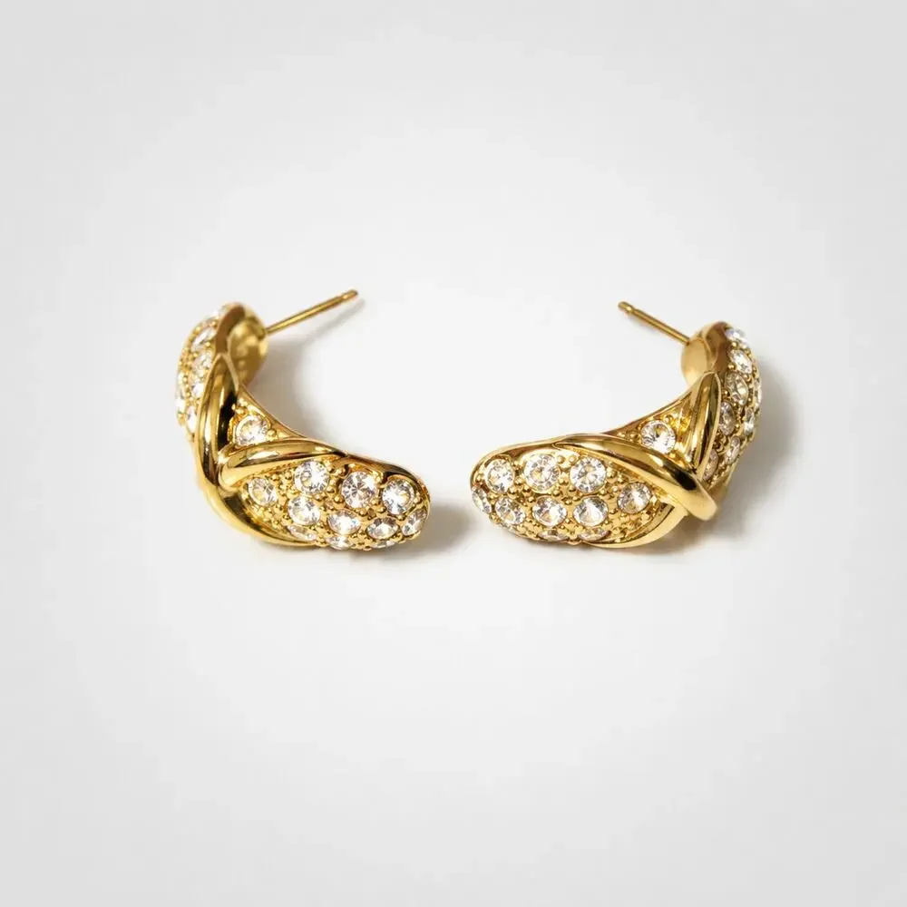 Rhinestone Pierced Earrings Gold-tone Crescents 1